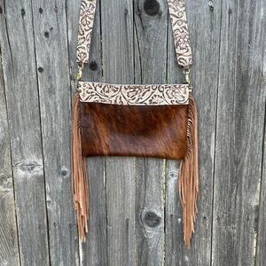 Hand Crafted Tan and Cream Crossbody Bag with Fringe